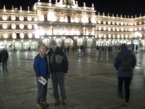  R and P on Plaza Major Salamanca at night 